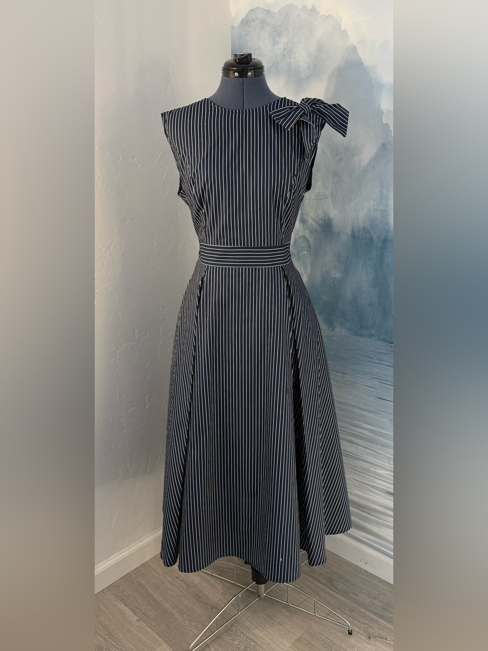 Striped Navy Midi Fit-and-Flare Dress with Shoulder Bow by Chillinen #363